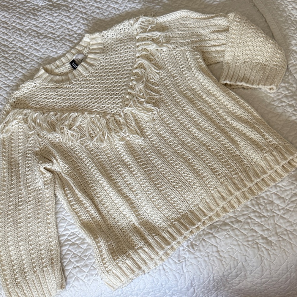Cream Fringe Crewneck Sweater 3/4 sleeves